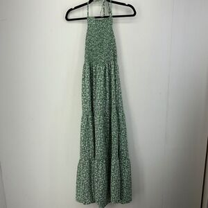 Green Ditsy Floral Smocked Halter Tiered Maxi Dress Womens Large Prairie Cottage